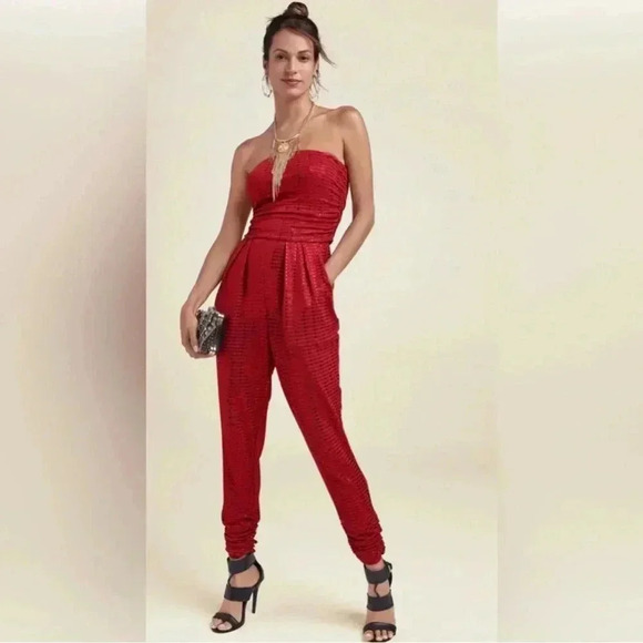 Roched Red Sequin Jumpsuit - Picture 1 of 14